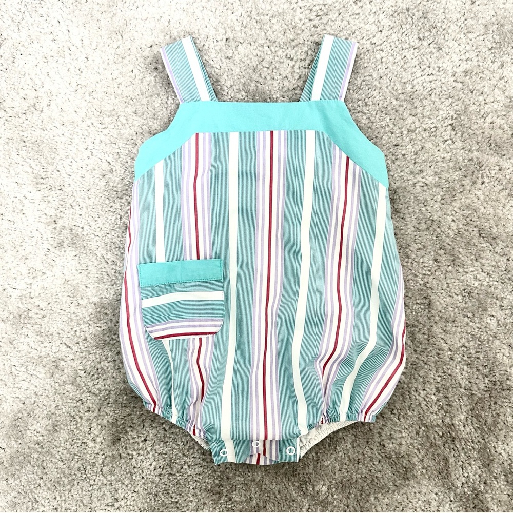 Dondolo Button-Accent Striped Boys' Bubble Romper - Teal, Red & White Size 24 mo